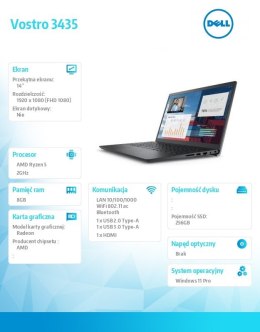 Notebook Vostro 14 (3435) Win11Pro Ryzen 5 7530U/8GB/256GB SSD/14.0 FHD/AMD Radeon/FgrPr/Cam & Mic/WLAN + BT/Backlit Kb/3 Cell/3