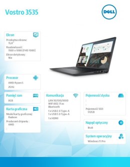 Notebook Vostro 15 (3535) Win11Pro Ryzen 5 7530U/8GB/512GB SSD/15.6 FHD/AMD Radeon/FgrPr/Cam & Mic/WLAN + BT/Backlit Kb/3 Cell/3