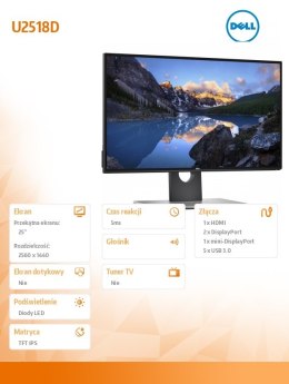 Monitor U2518D 25 cali InfinityEdge HDR QHD (2560x1440) /16:9/HDMI(2.0)/DP(1.2)/DP(MST)/mDP(1.2)/5xUSB 3.0/5Y PPG