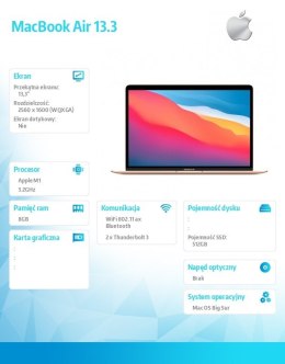 MacBook Air 13,3 cali: M1 8/8, 8GB, 512GB - Złoty