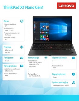 Ultrabook ThinkPad X1 Nano 20UN002PPB W10Pro i7-1160G7/16GB/1TB/INT/LTE/13.0 2K/Black/3YRS Premier Support