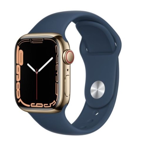 Apple Watch Series 7 GPS + Cellular, 45mm Koperta ze stali nierdzewnej w kolorze złotym z paskiem sportowym w kolorze błękitnej 