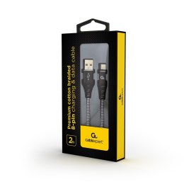 GEMBIRD KABEL PREMIUM USB 2.0 DO 8-PIN (METALOWE WTYKI,OPLOT NYLONOWY) 2M, CZARNO/BIAŁY