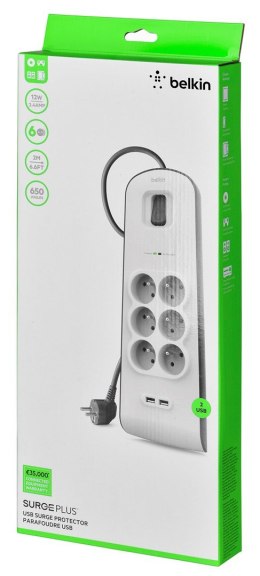 Listwa zasilająca Belkin Power Surge 6-PORT + 2xUSB-A 2.4A 650J 2m Grey/White