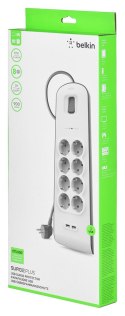 Listwa zasilająca Belkin Power Surge 8-PORT + 2xUSB-A 2.4A 900J 2m Grey/White Schuko