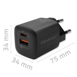 QOLTEC ŁADOWARKA SIECIOWA 35W GAN ULTRA | 5-20V | 2.25-3A | 1 X USB TYP C PD | 1 X USB QV 3.0 | CZARNA