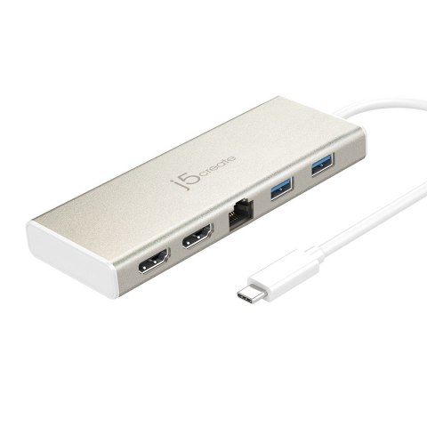 Stacja dokująca j5create USB-C Dual HDMI Multi Dock 1x4K HDMI/1xHDMI/2xUSB 3.0/1xUSB-C/1xRJ45 Gigabit; kolor srebrny JCD381-N