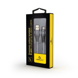 GEMBIRD KABEL PREMIUM USB 2.0 DO 8-PIN (METALOWE WTYKI,OPLOT NYLONOWY) 1M, SZARO/BIAŁY