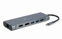 GEMBIRD MULTI ADAPTER USB TYP-C 8 W 1 (HUB3.0 + HDMI + DISPLAYPORT + VGA + PD + CZYTNIK KART + LAN + DŹWIĘK STEREO), SZARY