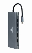 GEMBIRD MULTI ADAPTER USB TYP-C 8 W 1 (HUB3.0 + HDMI + DISPLAYPORT + VGA + PD + CZYTNIK KART + LAN + DŹWIĘK STEREO), SZARY