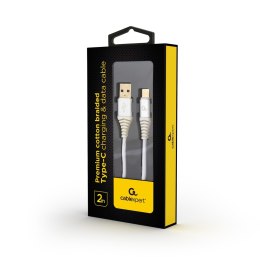 GEMBIRD PREMIUM KABEL USB-C 2.0 (AM/CM) METALOWE WTYKI, OPLOT NYLONOWY 2M, SREBRNO/BIAŁY