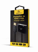 GEMBIRD ADAPTER NA KABLU DISPLAYPORT MĘSKI NA ŻEŃSKI HDMI + ŻEŃSKI VGA CZARNY, 10CM