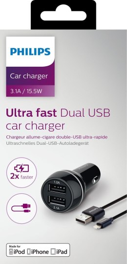 PHILIPS ŁADOWARKA SAMOCHODOWA 2A+1A CZARNA PHILIPS + KABEL IPHONE MFI 3100MAH 2XUSB DUAL 15.5W QUICK CHARGE PHIL-DLP2357V/10