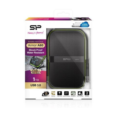 Dysk zewnętrzny HDD Silicon Power Armor A60 (1TB; 2.5"; USB 3.2; 5400 obr/min; Green-Black; SP010TBPHDA60S3K)