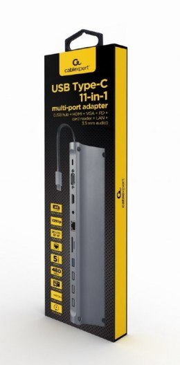 GEMBIRD MULTI ADAPTER TYP-C 11W1 (HUB USB + HDMI + VGA + PD + CZYTNIK KART + LAN + AUDIO 3,5 MM), SZARY