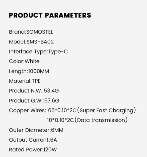 SOMOSTEL KABEL USB-A DO TYP-C FAST CHARGING 120W/6A SMS-BA02 WHITE 1M